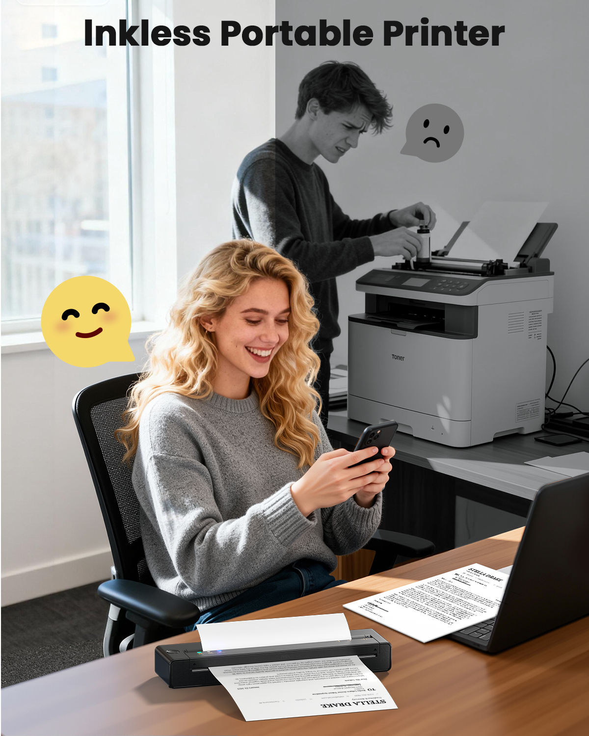 TATTMUSE A28U Portable Printer Wireless Inkless Thermal for Travel 8.5 x 11,Bluetooth Mobile Small Compact Printer  for Travel & Office & Home Use Compatible with Phone, Tablet & Laptop, Black