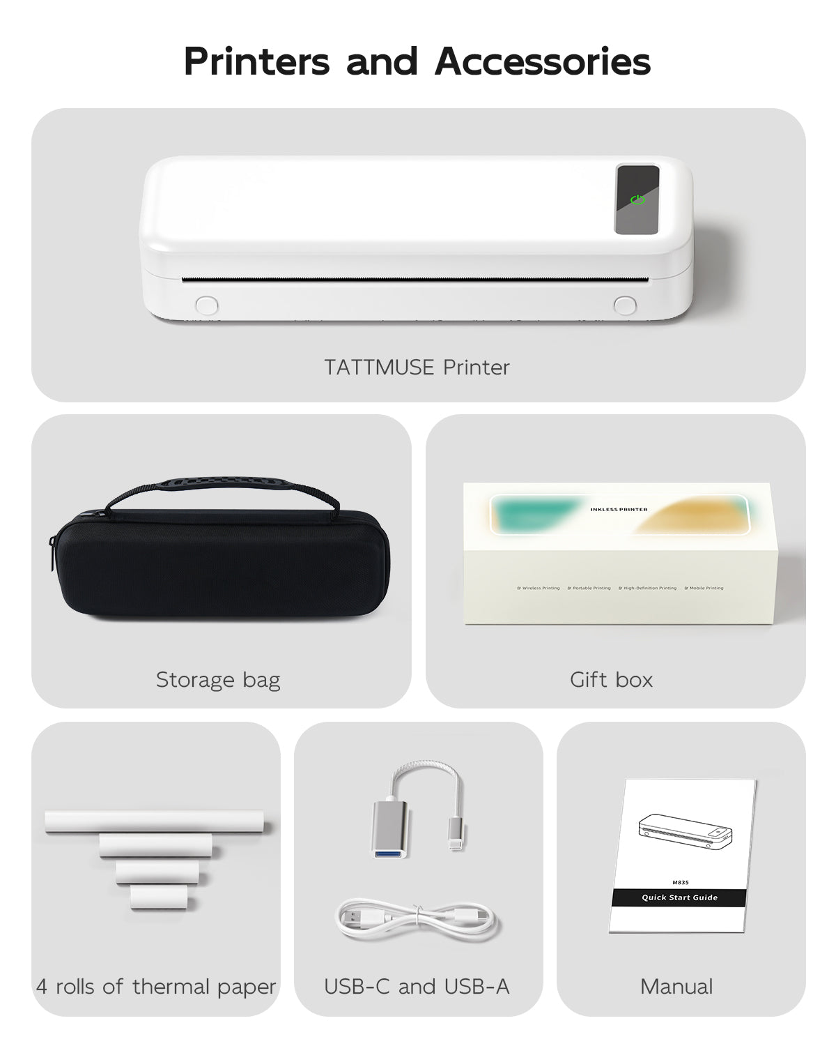 TATTMUSE Portable Printers Wireless for Travel, A285M Bluetooth Inkless Thermal Printer, Support 8.5" X 11" US Letter & A4, Small Mobile Printer with Carry Case and 4 Rolls Thermal Paper, White