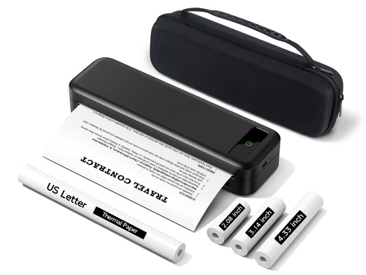 便携式打印机无线旅行，A285M蓝牙无墨热敏打印机支持8.5“X 11”美国信件，手机笔记本电脑的移动打印机，带收纳盒和4卷热敏纸，用于家庭办公室收据