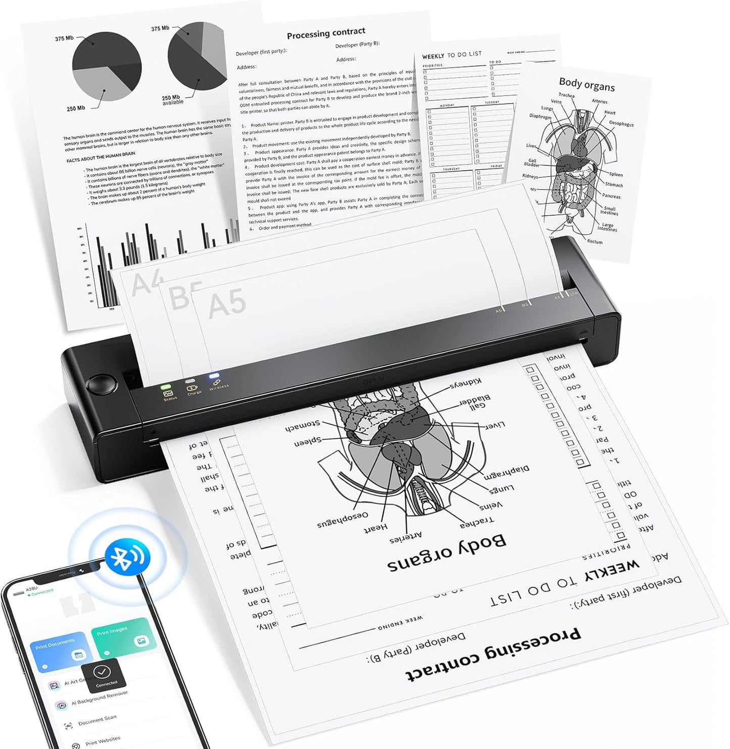 TATTMUSE Portable Thermal Printer A4, A28U Wireless no Ink Printer Weighs only 585g, Support A4/A5/B5, Compatible with iOS Android Tablet Laptop, Bluetooth Printers for Home use & Mobile Office Black