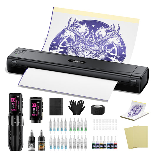 TATTMUSE A887 Tattoo Stencil Printer with Wireless Tattoo Gun Kit, Portable, Dual Batteries, Adjustable Voltage, All-in-One Set for Tattoo Beginners with Tattoo Cartridge Needles, Ink, Practice Skin,etc