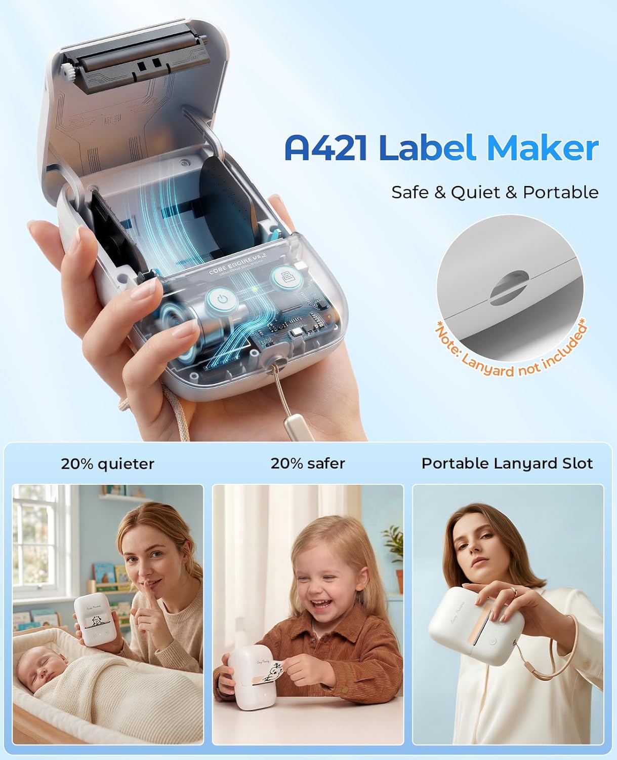 Label Maker Machine with Tape, A421 Bluetooth Label Portable Thermal Printer for Small Business & Home, Inkless Printer for Barcode, Address, Office, Compatible with iOS & Android, with 1 Roll Label