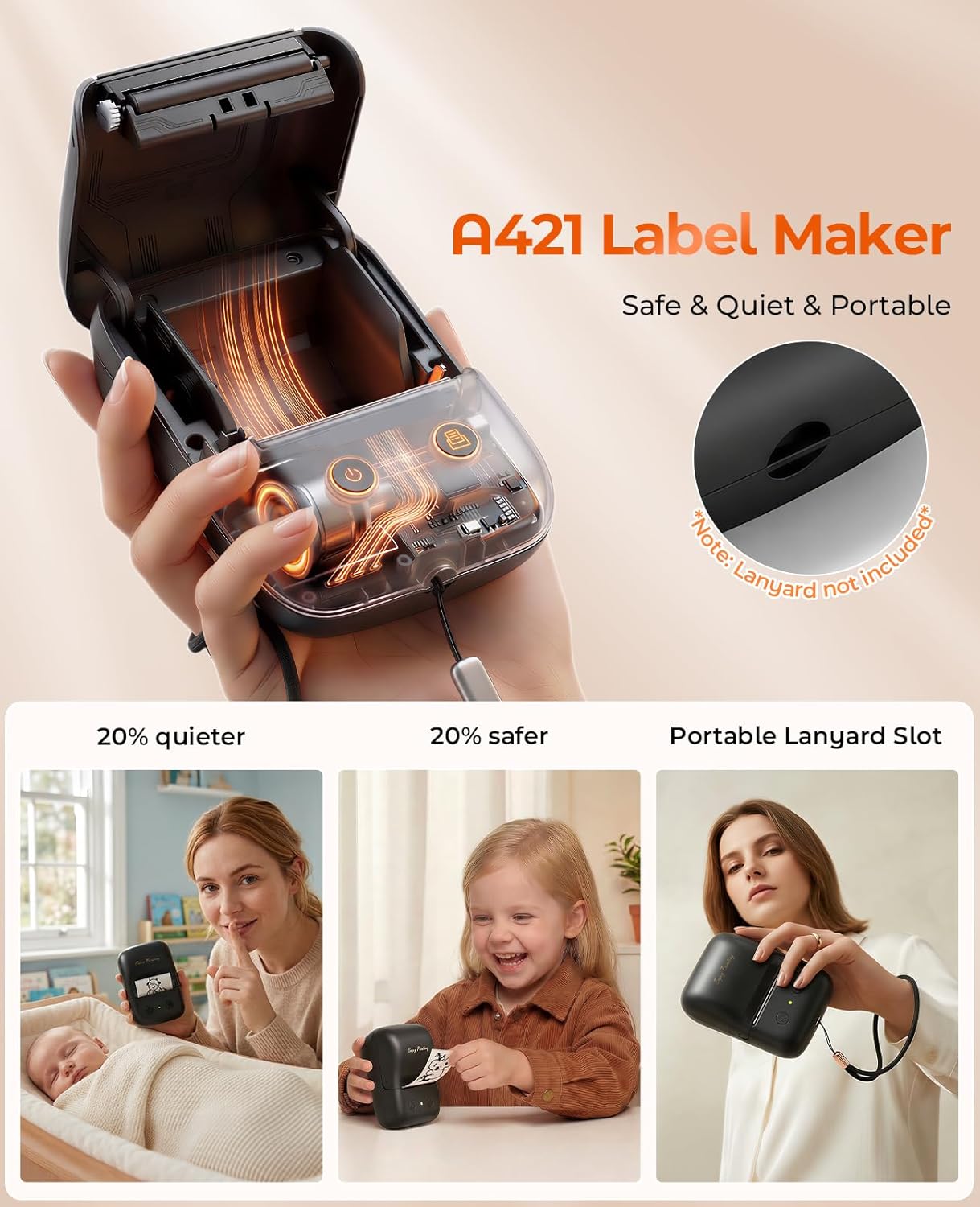 TATTMUSE Label Maker, A421 Label Maker Machine with Tape, Mini Thermal Label Printer for Barcode, Address,Small Business,Home,Office,School,Thermal Printer Compatible with Phone & PC