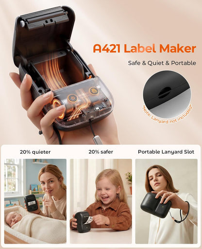 TATTMUSE Label Maker, A421 Label Maker Machine with Tape, Mini Thermal Label Printer for Barcode, Address,Small Business,Home,Office,School,Thermal Printer Compatible with Phone & PC