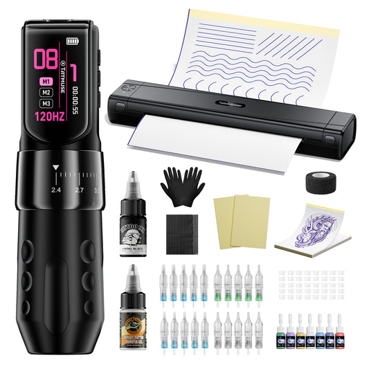 TATTMUSE Wireless A887 Tattoo Machine Kit for Tattoo Beginner Complete Set, 7-Stroke Adjustable Pen Machine, Complete Starter Set for Tattoo Artists,with Tattoo Cartridge Needles, Ink,Practice Skin,etc