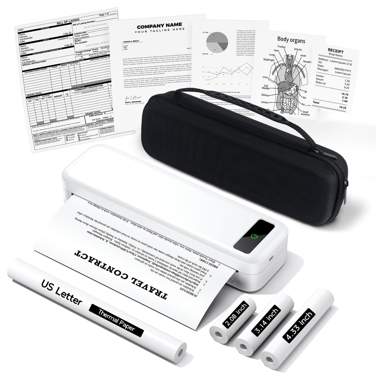 TATTMUSE Portable Printers Wireless for Travel, A285M Bluetooth Inkless Thermal Printer, Support 8.5" X 11" US Letter & A4, Small Mobile Printer with Carry Case and 4 Rolls Thermal Paper, White