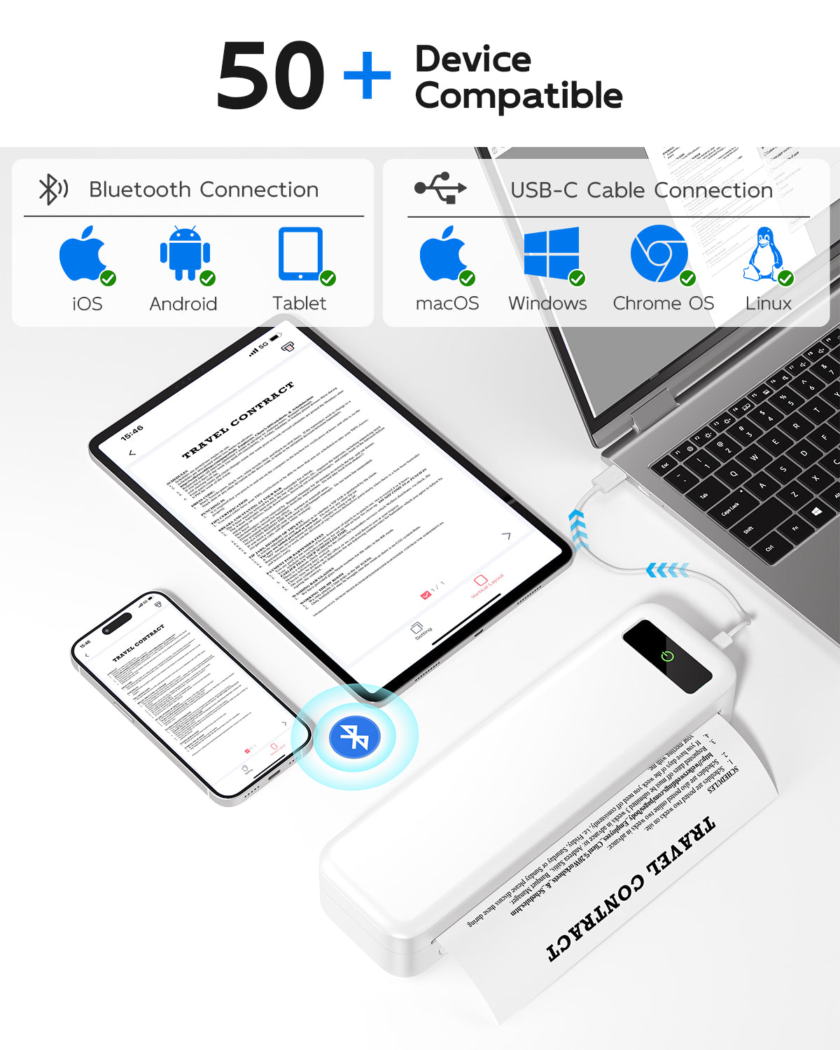 TATTMUSE Portable Printers Wireless for Travel, A285M Bluetooth Inkless Thermal Printer, Support 8.5" X 11" US Letter & A4, Small Mobile Printer with Carry Case and 4 Rolls Thermal Paper, White