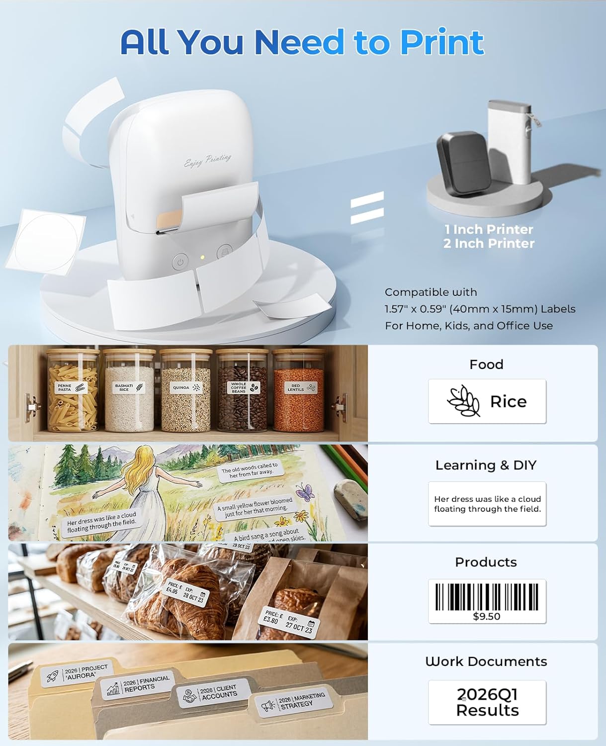 Label Maker Machine with Tape, A421 Bluetooth Label Portable Thermal Printer for Small Business & Home, Inkless Printer for Barcode, Address, Office, Compatible with iOS & Android, with 1 Roll Label