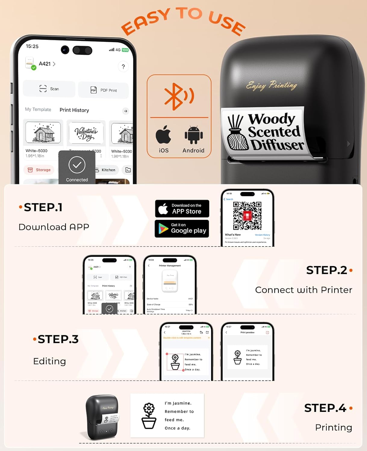 TATTMUSE Label Maker, A421 Label Maker Machine with Tape, Mini Thermal Label Printer for Barcode, Address,Small Business,Home,Office,School,Thermal Printer Compatible with Phone & PC