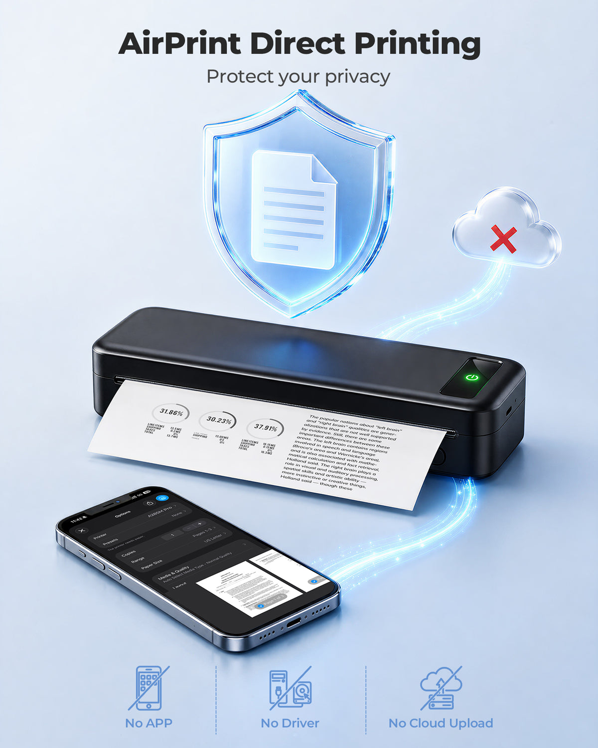 TATTMUSE A285M Pro AirPrint Wi-Fi Inkless Portable Printer, 8.5x11, Black