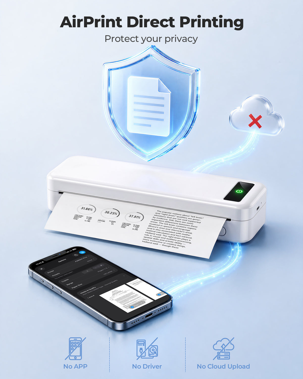 TATTMUSE A285M Pro AirPrint Wi-Fi Inkless Portable Printer, 8.5x11, White