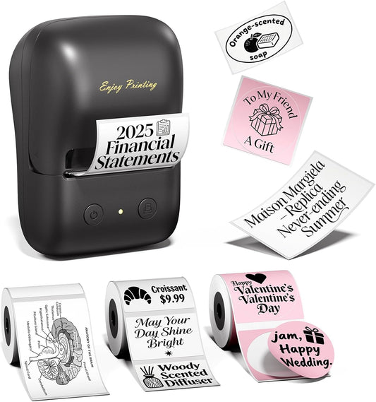 TATTMUSE Label Maker, Thermal Label Lrinter Machine with 3 Tape Black with Pink Tape