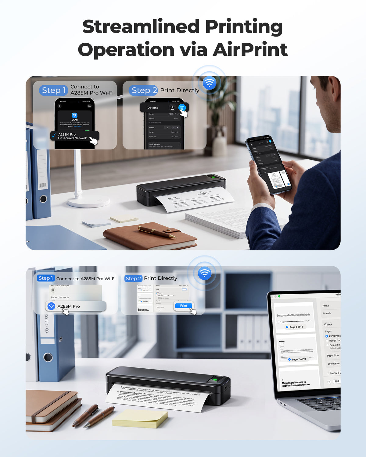 TATTMUSE A285M Pro AirPrint Wi-Fi Inkless Portable Printer, 8.5x11, Black