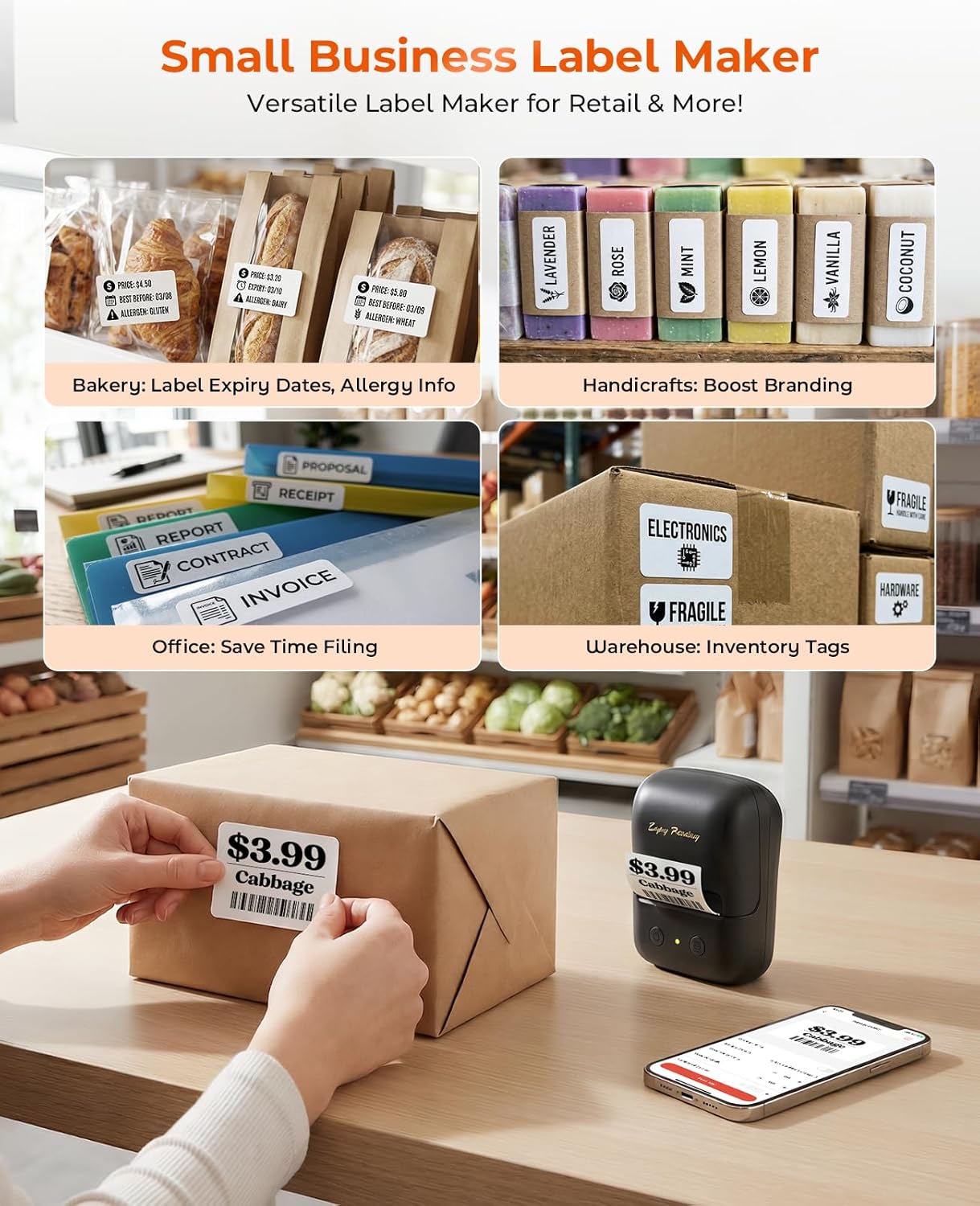 TATTMUSE Label Maker, A421 Label Maker Machine with Tape, Mini Thermal Label Printer for Barcode, Address,Small Business,Home,Office,School,Thermal Printer Compatible with Phone & PC