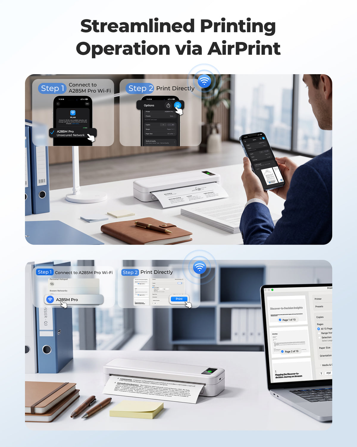 TATTMUSE A285M Pro AirPrint Wi-Fi Inkless Portable Printer, 8.5x11, White