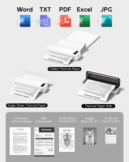 TATTMUSE Portable Printers Wireless for Travel, A285M Bluetooth Inkless Thermal Printer, Support 8.5" X 11" US Letter & A4, Small Mobile Printer with Carry Case and 4 Rolls Thermal Paper, White
