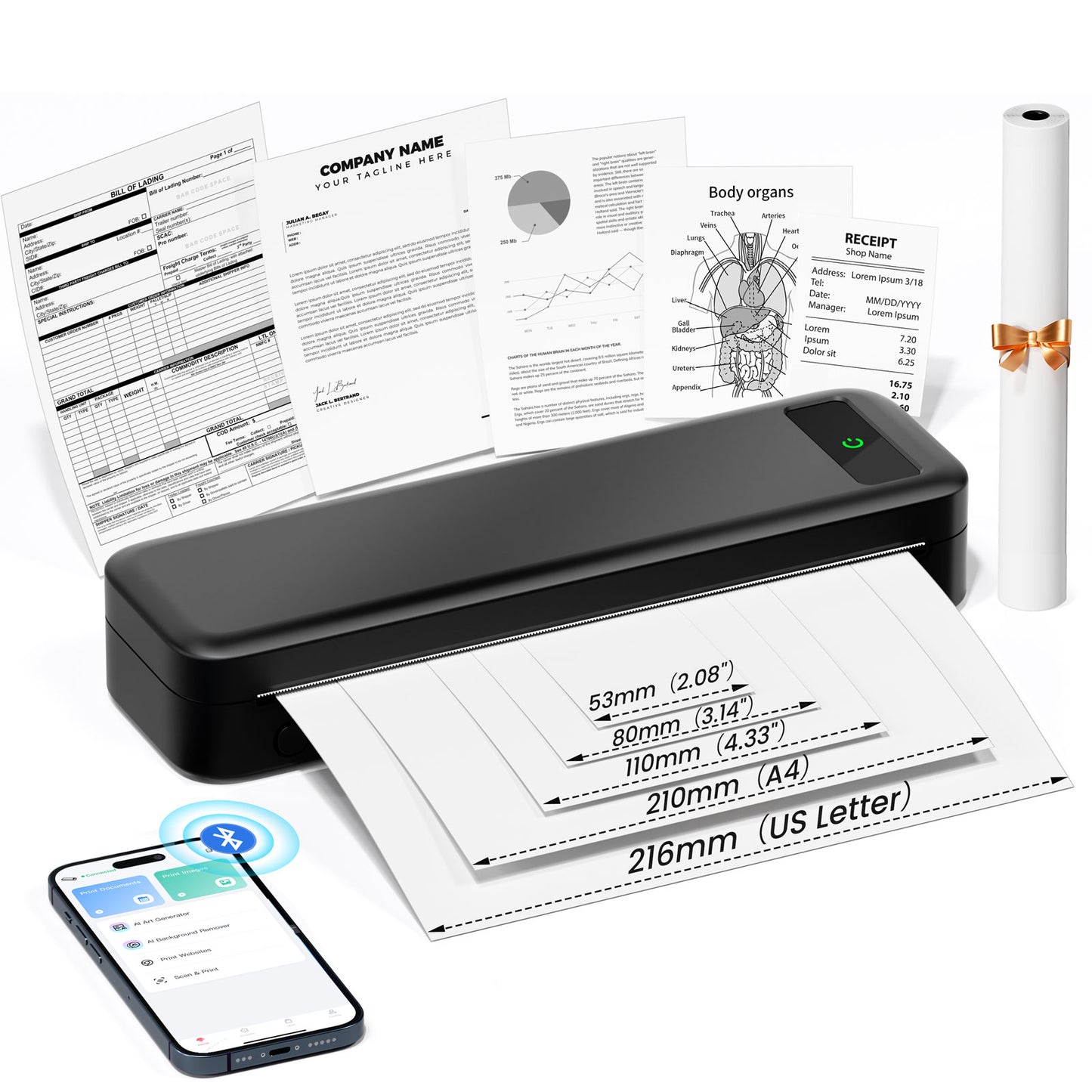 TATTMUSE Portable Printers Wireless for Travel, A285M Small Inkless Thermal Printer, Bluetooth Mobile Printer Support 8.5" X 11" Letter & A4 Thermal Paper, Compatible with iPhone Laptop