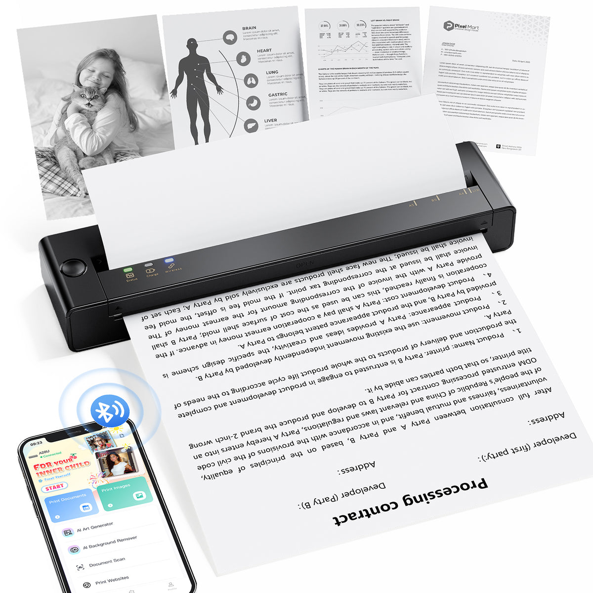 TATTMUSE A28U Portable Printer Wireless Inkless Thermal for Travel 8.5 x 11,Bluetooth Mobile Small Compact Printer  for Travel & Office & Home Use Compatible with Phone, Tablet & Laptop, Black