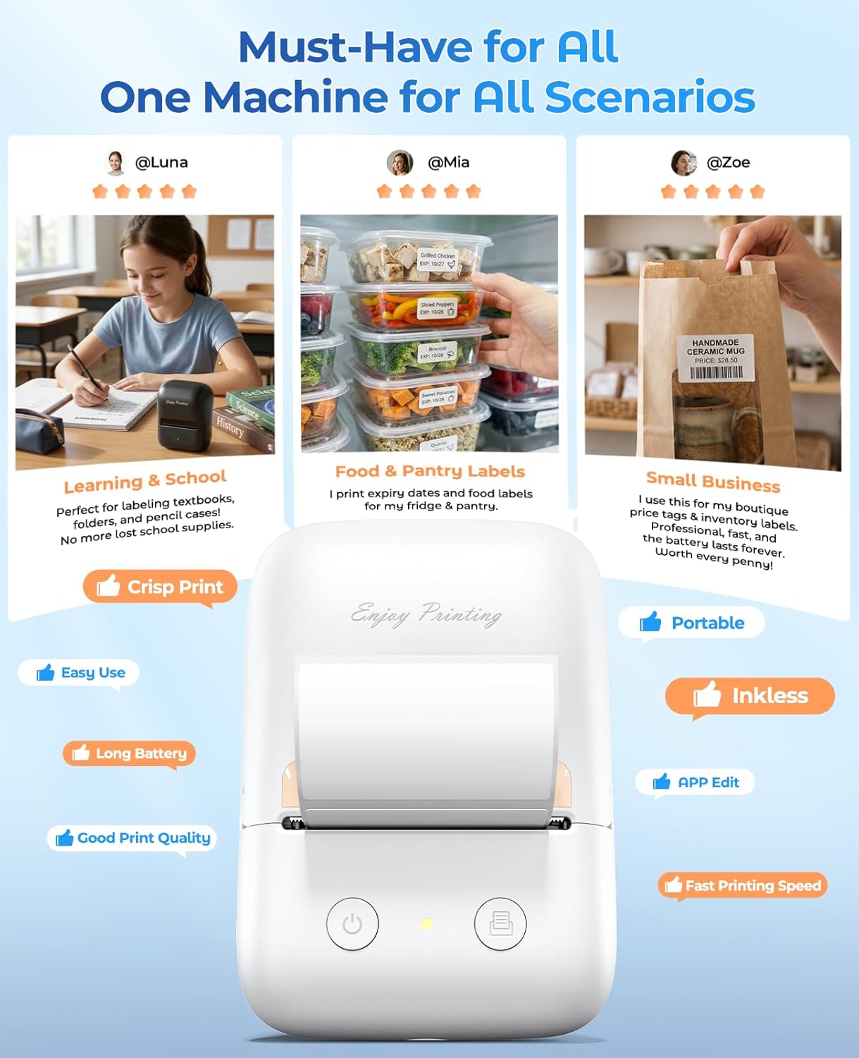 Label Maker Machine with Tape, A421 Bluetooth Label Portable Thermal Printer for Small Business & Home, Inkless Printer for Barcode, Address, Office, Compatible with iOS & Android, with 1 Roll Label
