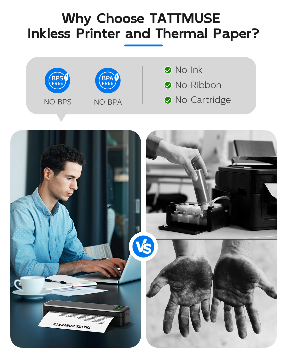 TATTMUSE Portable Printers Wireless for Travel, A285M Bluetooth Inkless Thermal Printer, Support 8.5" X 11" US Letter & A4, Small Mobile Printer with Carry Case and 4 Rolls Thermal Paper, White