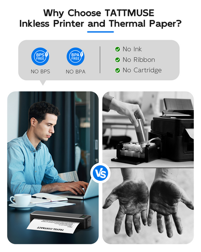 TATTMUSE Portable Printers Wireless for Travel, A285M Bluetooth Inkless Thermal Printer, Support 8.5" X 11" US Letter & A4, Small Mobile Printer with Carry Case and 4 Rolls Thermal Paper, White