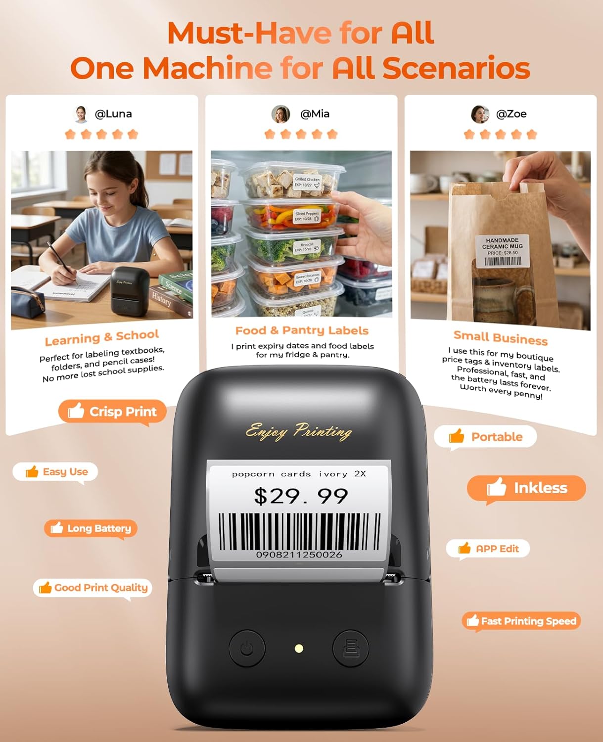 TATTMUSE Label Maker, A421 Label Maker Machine with Tape, Mini Thermal Label Printer for Barcode, Address,Small Business,Home,Office,School,Thermal Printer Compatible with Phone & PC