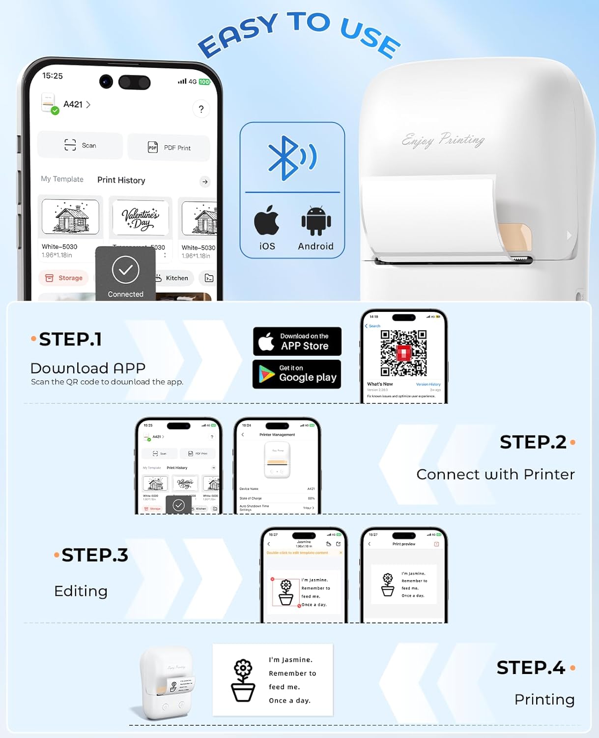 Label Maker Machine with Tape, A421 Bluetooth Label Portable Thermal Printer for Small Business & Home, Inkless Printer for Barcode, Address, Office, Compatible with iOS & Android, with 3 Rolls Label