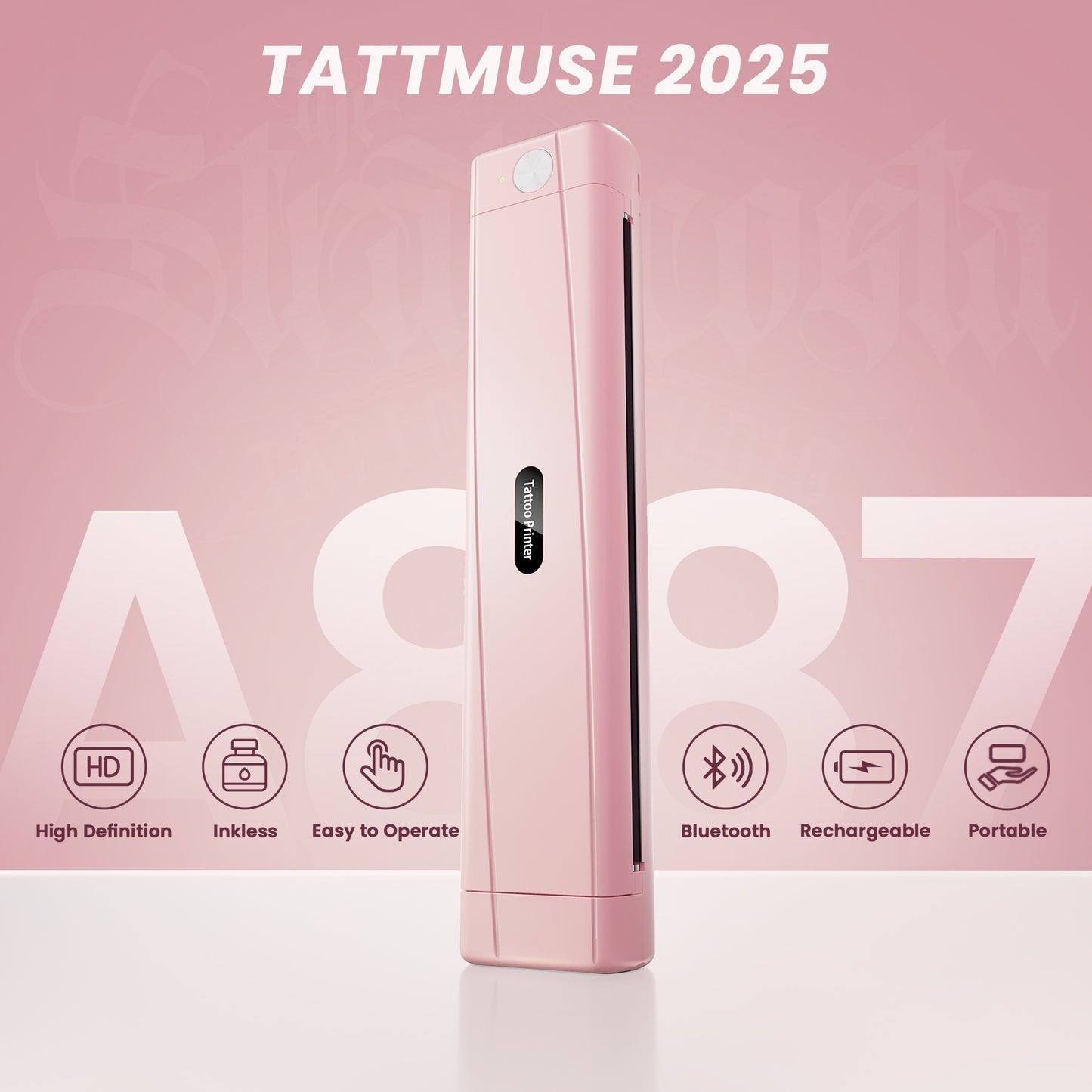 TATTMUSE 2026 New Version Tattoo Stencil Printer with 10pcs Transfer Paper, Wireless Thermal Tattoo Transfer Printer, Bluetooth Portable Tattoo Machine Compatible with Smartphone & Pad, Pink