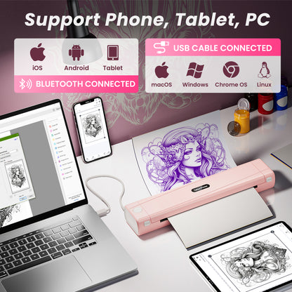 TATTMUSE 2026 New Version Tattoo Stencil Printer with 10pcs Transfer Paper, Wireless Thermal Tattoo Transfer Printer, Bluetooth Portable Tattoo Machine Compatible with Smartphone & Pad, Pink