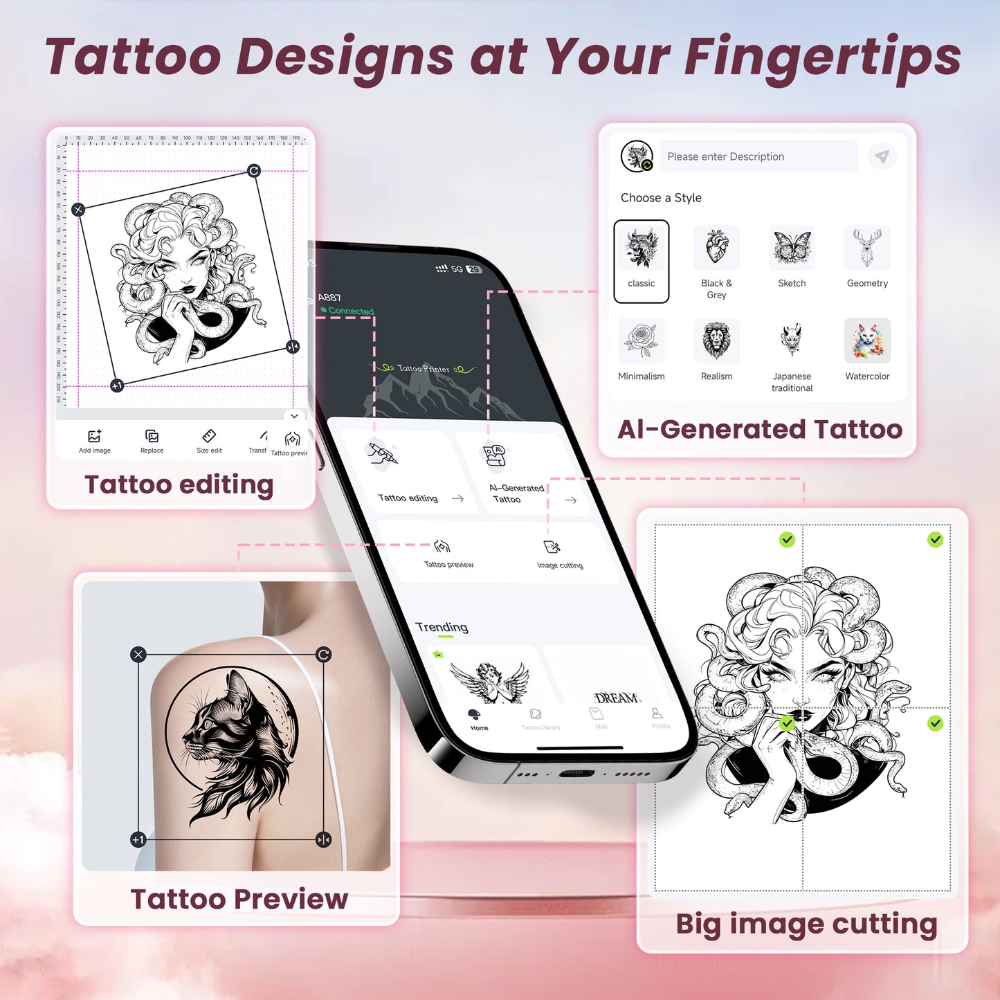 TATTMUSE 2026 New Version Tattoo Stencil Printer with 10pcs Transfer Paper, Wireless Thermal Tattoo Transfer Printer, Bluetooth Portable Tattoo Machine Compatible with Smartphone & Pad, Pink