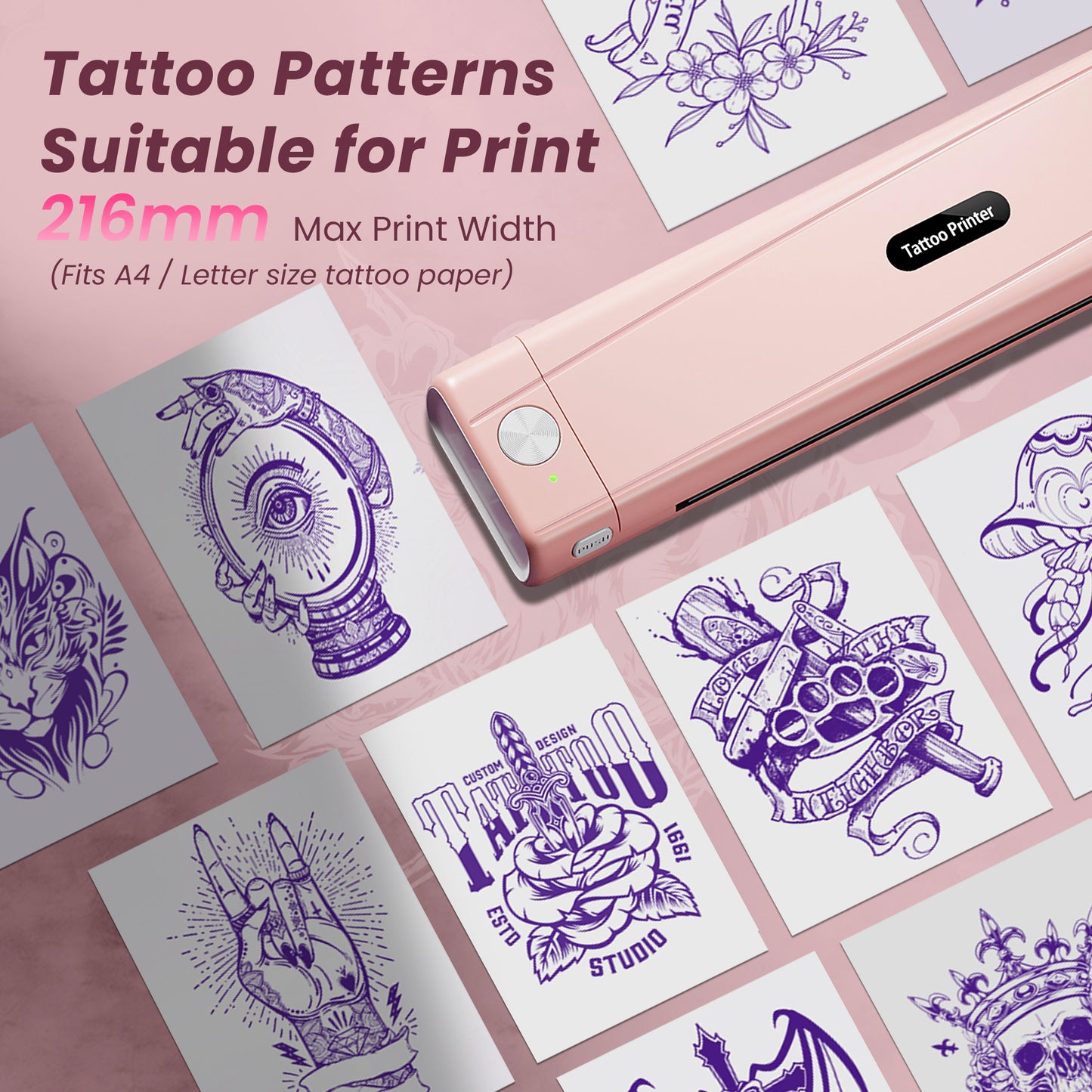 TATTMUSE 2026 New Version Tattoo Stencil Printer with 10pcs Transfer Paper, Wireless Thermal Tattoo Transfer Printer, Bluetooth Portable Tattoo Machine Compatible with Smartphone & Pad, Pink