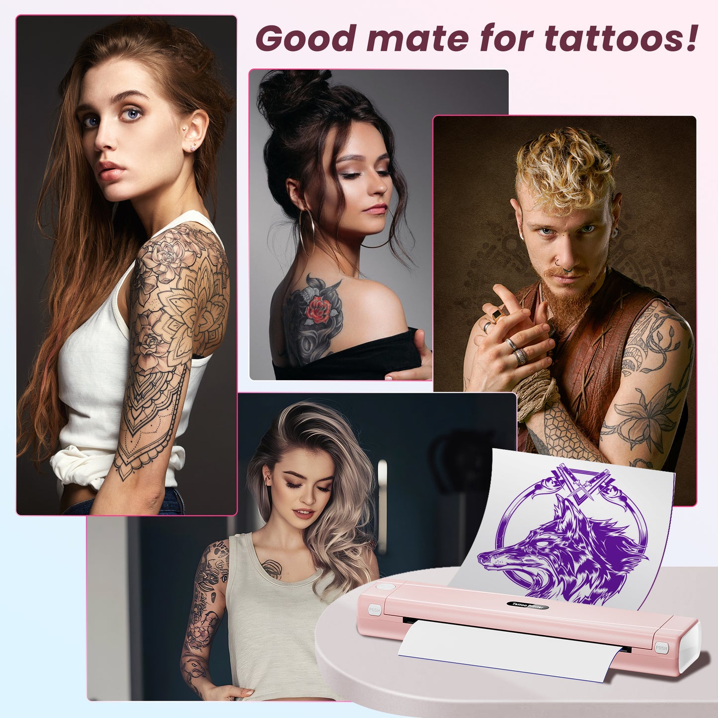 TATTMUSE 2026 New Version Tattoo Stencil Printer with 10pcs Transfer Paper, Wireless Thermal Tattoo Transfer Printer, Bluetooth Portable Tattoo Machine Compatible with Smartphone & Pad, Pink
