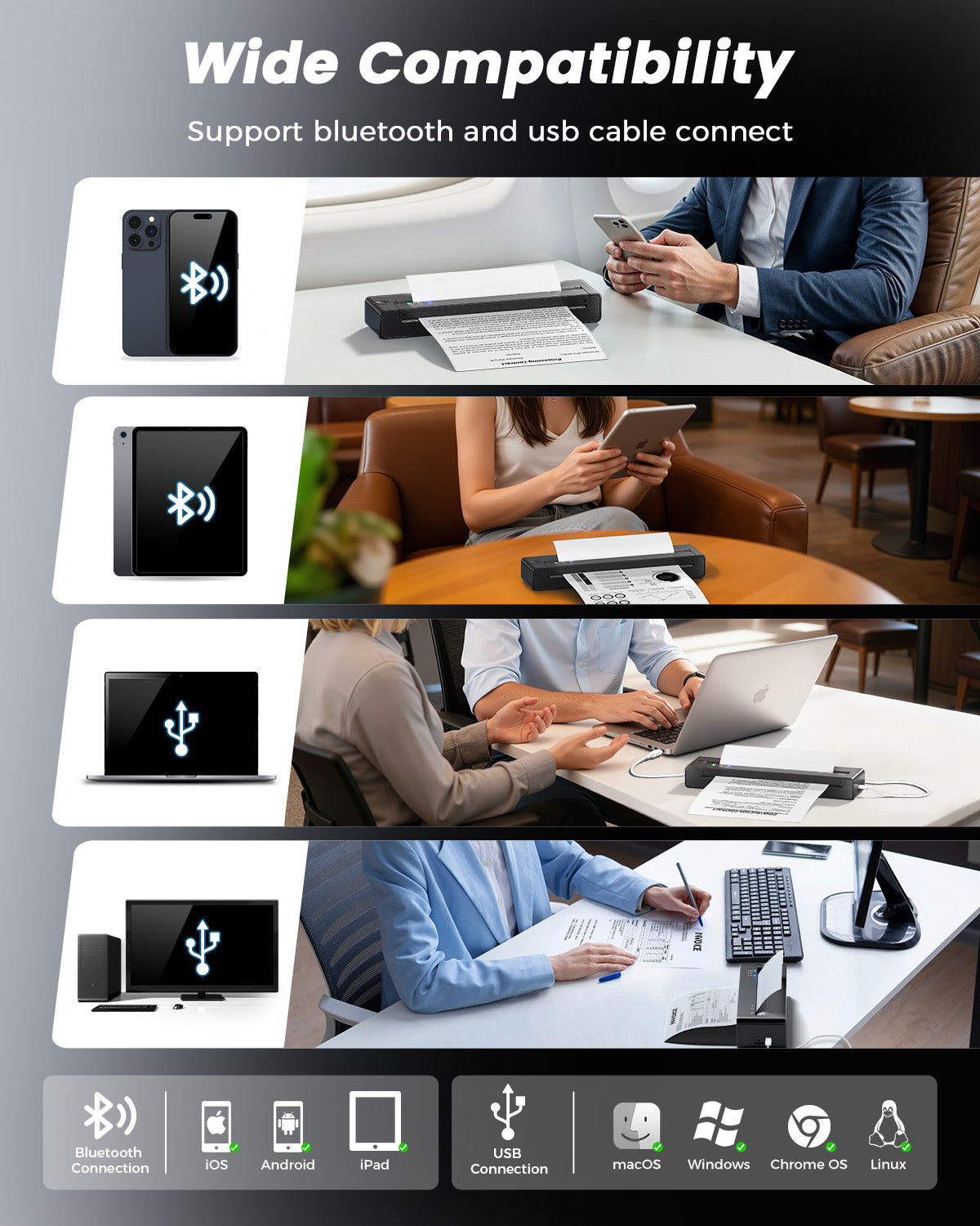 TATTMUSE A28U Portable Printer Wireless Inkless Thermal for Travel 8.5 x 11,Bluetooth Mobile Small Compact Printer  for Travel & Office & Home Use Compatible with Phone, Tablet & Laptop, Black