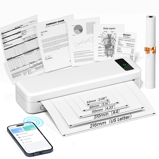 TATTMUSE无线便携式打印机，A285M无墨热敏打印机，小型蓝牙移动打印机支持8.5“X 11”信件和A4热敏纸，兼容手机笔记本电脑，适合旅行家庭办公室使用，白色